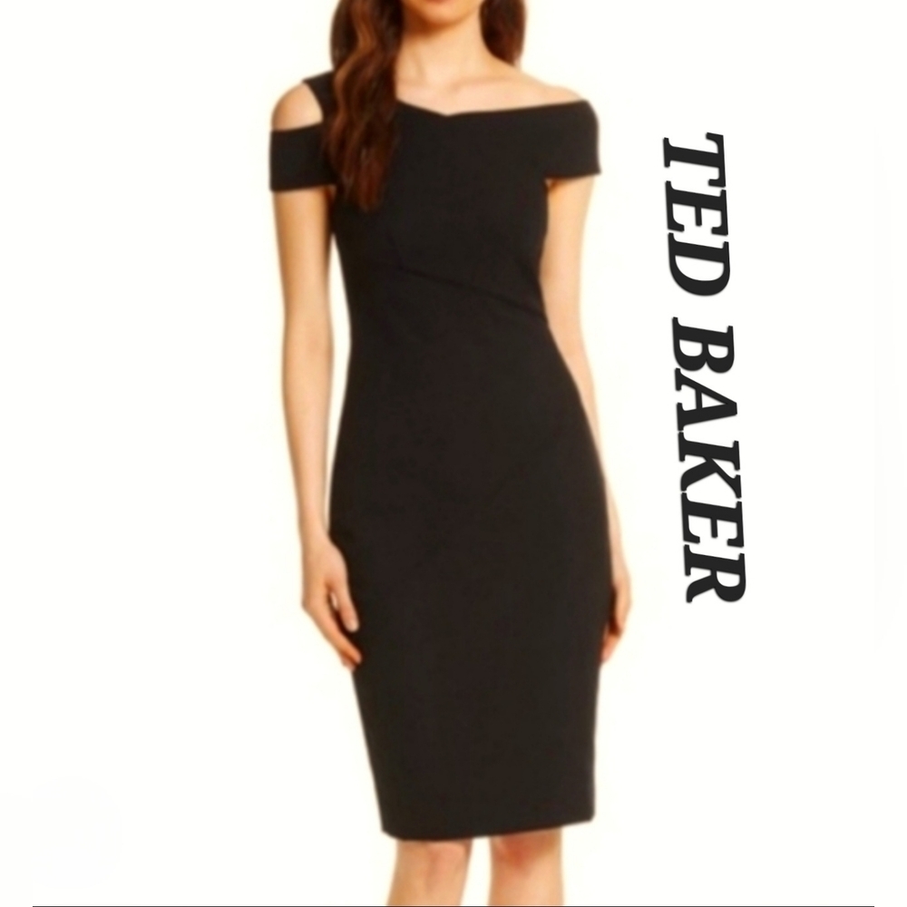 Ted Baker Black Yandal Asymmetric Bodycon Feminine Minimalist Dress Sz 5 (US 14)